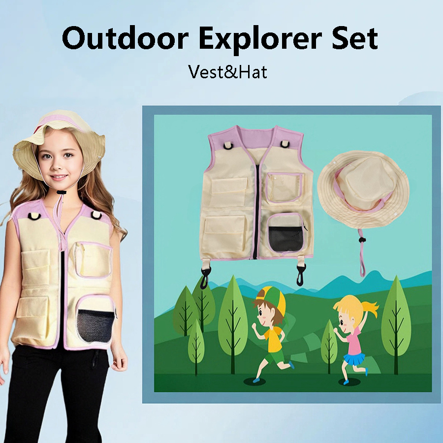 Outdoor Camping Kids Activities - Traje de colete e chapéu explorador